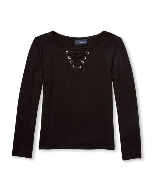Girls Faux Lace Up Lightweight Sweater Knit Top