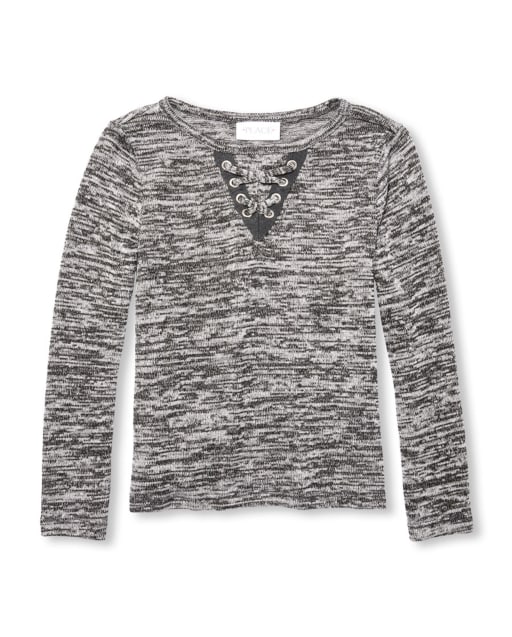 Girls Faux Lace Up Lightweight Sweater Knit Top