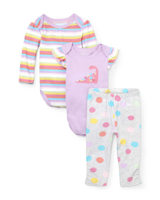 Baby Girls Dino Striped Bodysuits and Dot Leggings 3-Piece Playwear Set