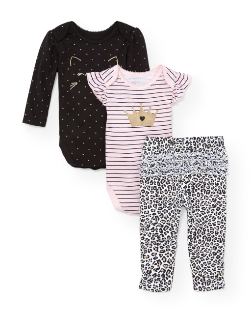 Baby Girls Cat Queen Bodysuits And Leopard Leggings 3-Piece Playwear Set
