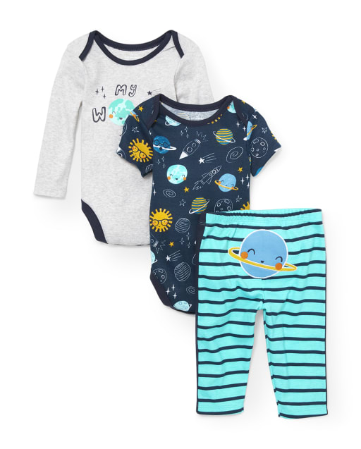 Baby Boys 'My World' Rocket Bodysuits And Pants 3-Piece Playwear Set