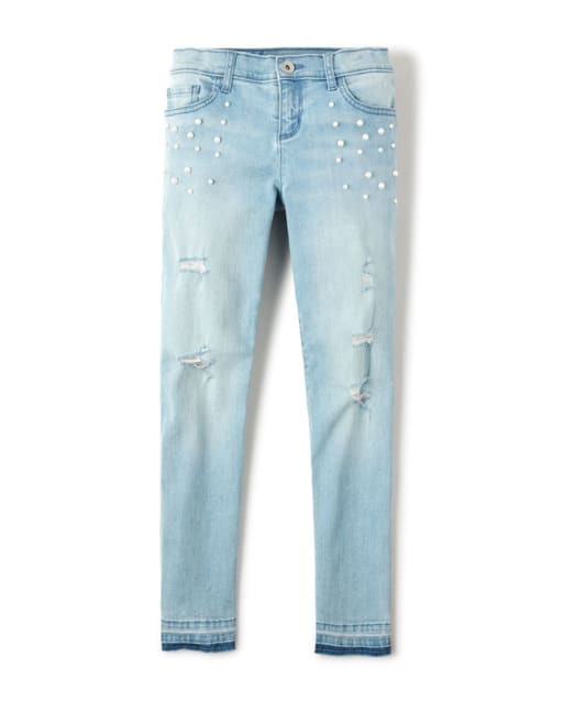 Girls Faux Pearl Denim Skinny Jeans