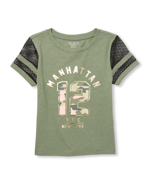 Girls Active Short Mesh Sleeve Foil Graphic Top