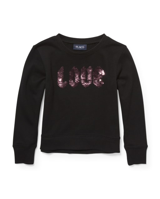 Jersey de corazón de lentejuelas con solapa activa de manga larga para niñas