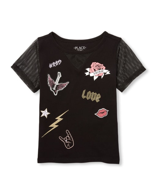 Girls Short Mesh Sleeve Glitter Patch Graphic Top