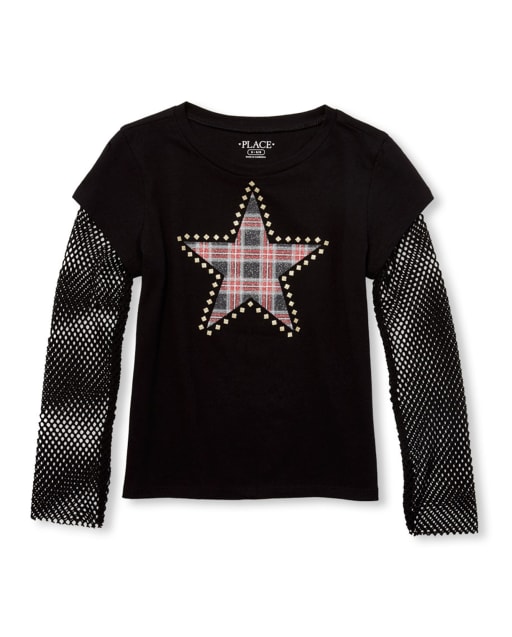 Girls Long Mesh Sleeve Glitter Graphic Top