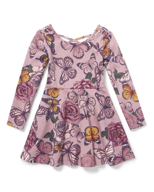 Baby And Toddler Girls Glitter Floral Butterfly Print Knit Criss Cross Back Dress