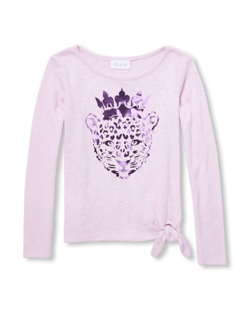 Girls Foil Graphic Lightweight Sweater Tie Front Top