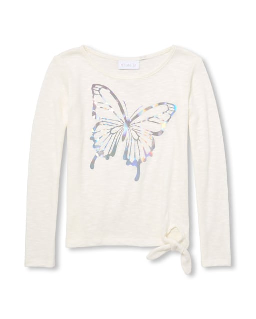 Girls Foil Graphic Lightweight Sweater Tie Front Top