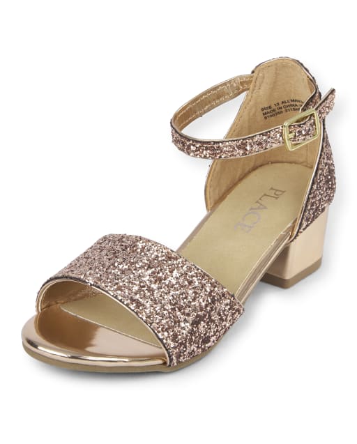 Girls Rose Gold Glitter Mini Heel Sandals