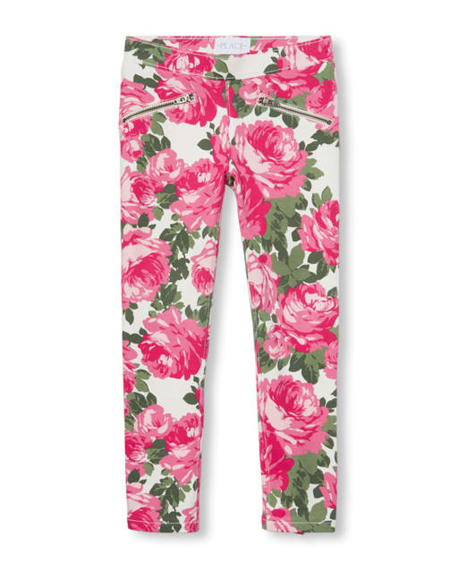 Girls Rose Print Knit Pull On Jeggings