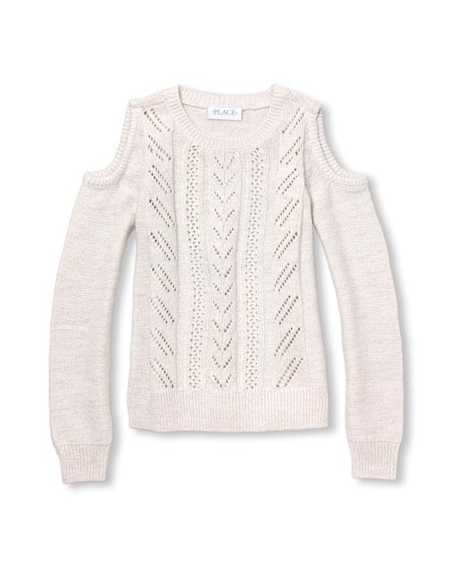 Girls Metallic Cable Knit Cold Shoulder Sweater