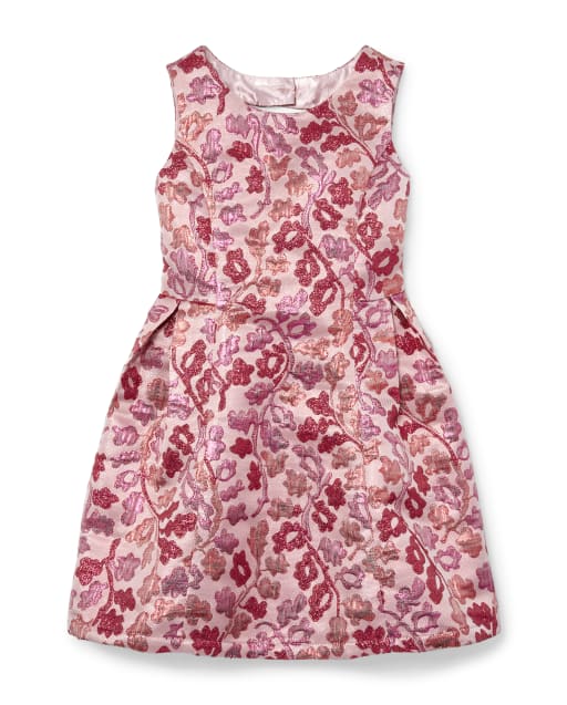 Girls Sleeveless Pink Metallic Woven Jacquard Dress