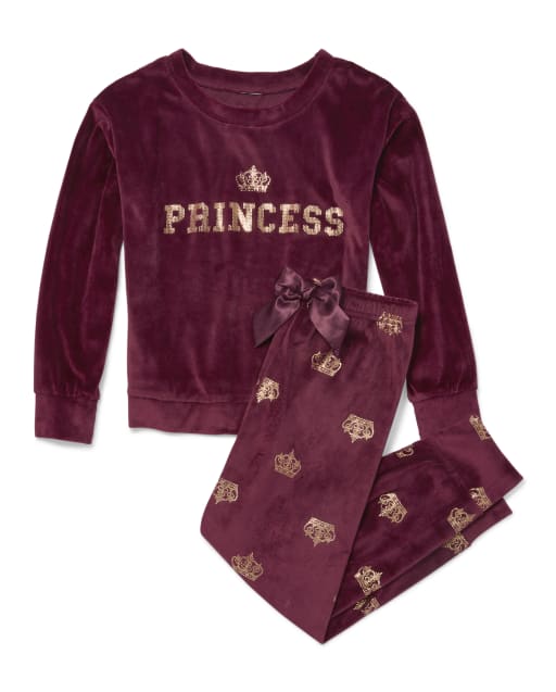 Pijama familiar de terciopelo con corona de princesa de manga larga a juego para niñas