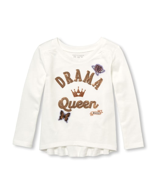 Top asimétrico con estampado de parche "Drama Queen" y lentejuelas para bebés y niñas pequeñas