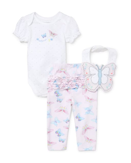 Contact Baby 3 Pc Set Girls Love Butterflies PJ Bodysuit and Bib Pink Butterfly