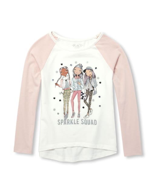 Girls Long Raglan Sleeve Glitter 'Sparkle Squad' Graphic Top