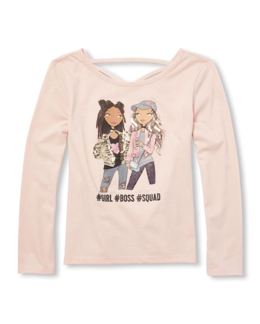 Girls Sequin 'Hashtag Girl Boss Squad' Graphic Cut Out Top