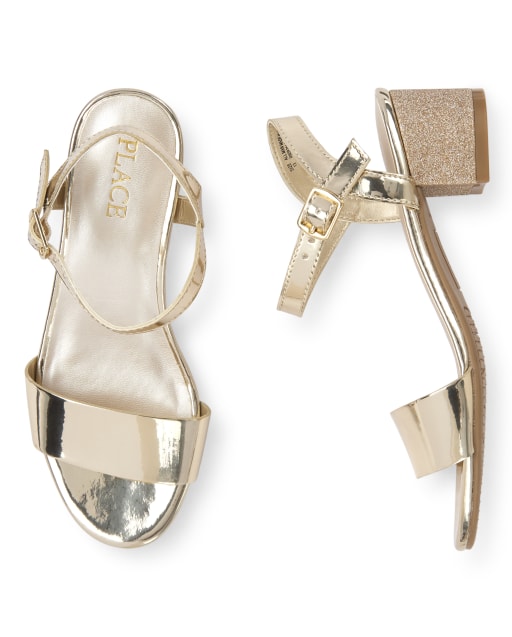Girls Gold Faux Leather Low Heel Sandals