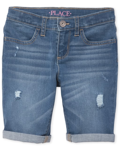 Shorts de mezclilla con puños enrollados para niñas