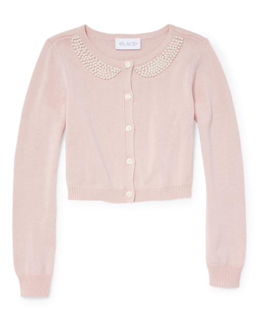 Girls Faux Pearl Collar Cardigan