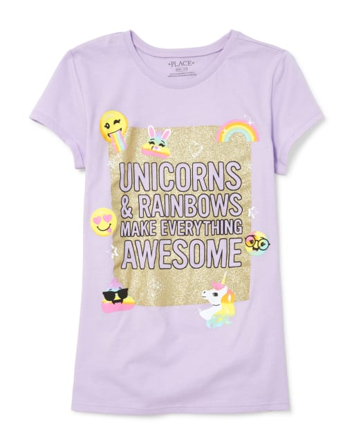 Girls Glitter Unicorn Emoji Graphic Tee