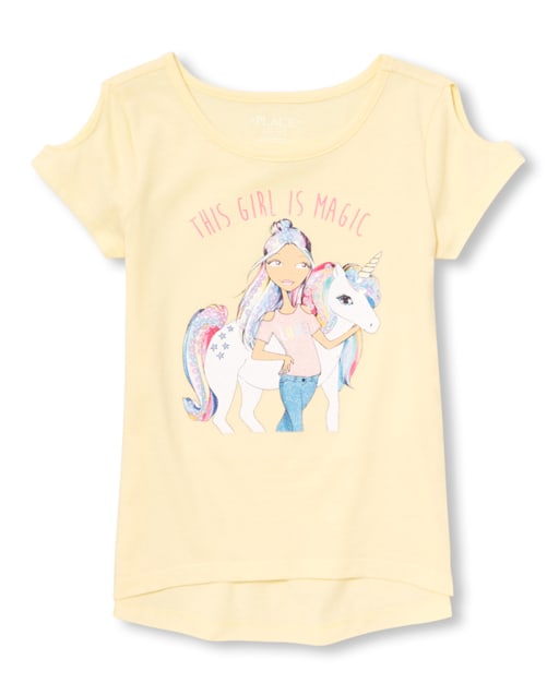 Girls Sequin Unicorn Cold Shoulder Top