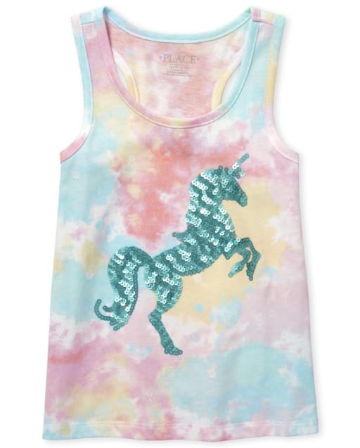 Girls Sequin Unicorn Tie Dye Racerback Tank Top