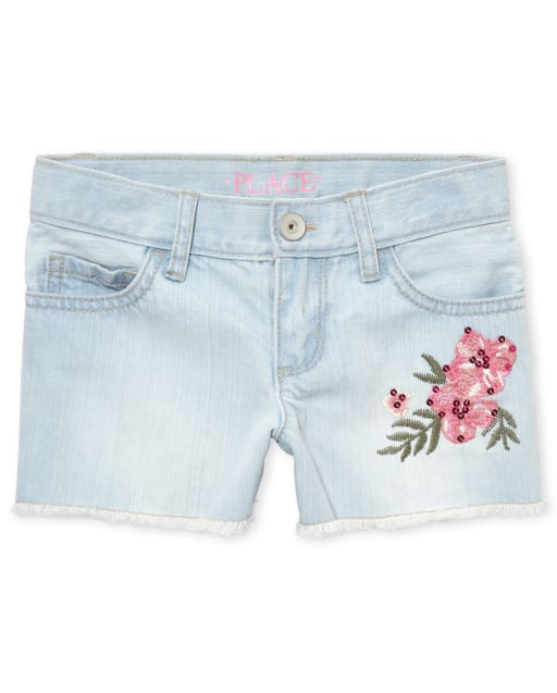 Shorts cortos de mezclilla con dobladillo deshilachado con flores para niñas