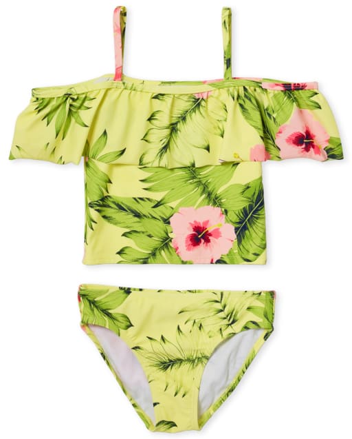 Maillot de bain tankini fleuri à épaules dénudées pour fille