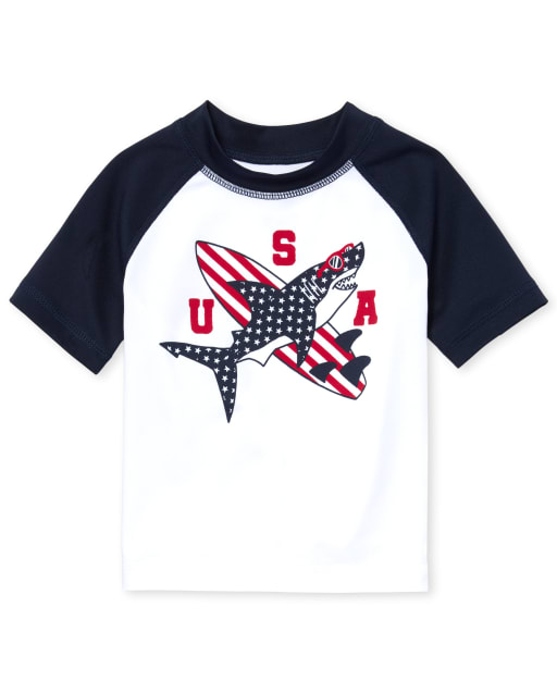 Baby And Toddler Boys Americana Short Raglan Sleeve 'USA' Shark Graphic Rashguard