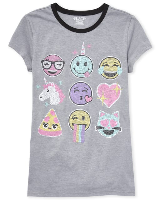 Girls Glitter Unicorn Emoji Graphic Tee