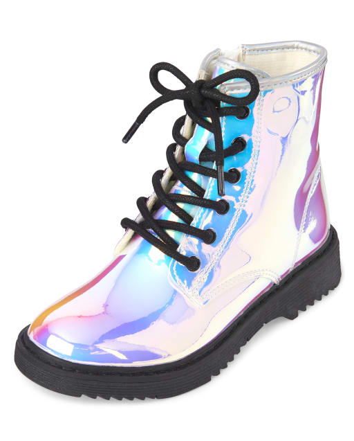 Girls Holographic Lace Up Boots