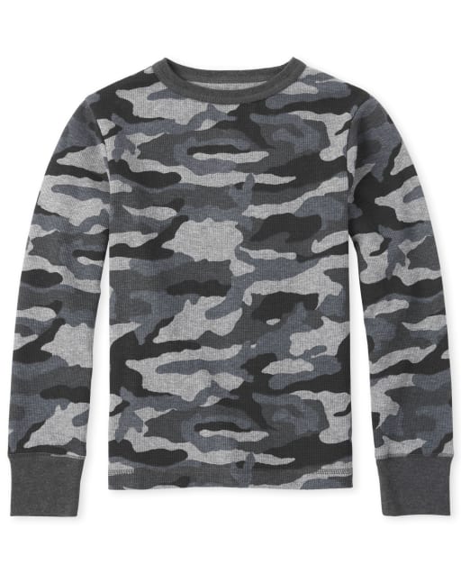 Boys Long Sleeve Camo Waffle Knit Thermal Top