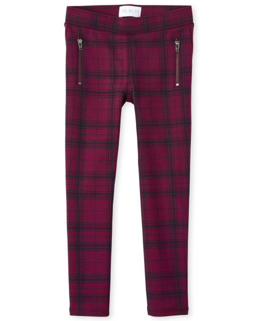 Girls Plaid Zip Ponte Knit Pull On Jeggings