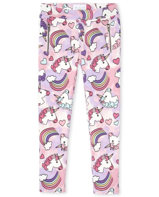 Girls Rainbow Unicorn Zip Ponte Knit Pull On Jeggings