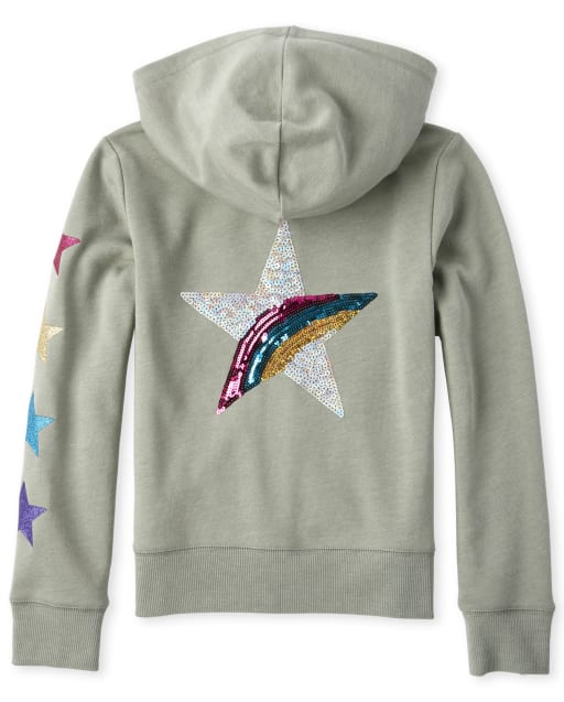 Girls Active Rainbow Embellished French Terry Zip Up Hoodie