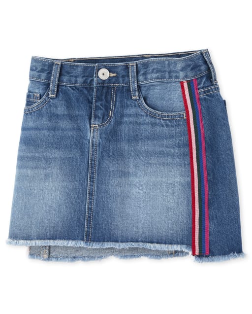 Girls Step Hem Side Stripe Denim Skirt