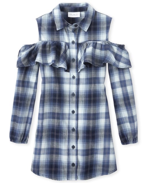 Girls Plaid Cold Shoulder Shirt Dress