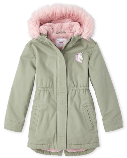 NEW Girls Kids Pink Faux Fur Hood Parka Jacket Coat School Camouflage Age 4 5 6 