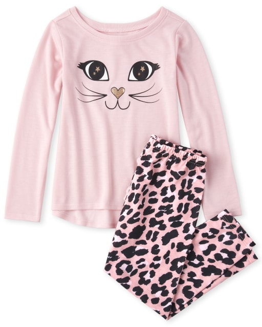 Girls Long Sleeve Cat Leopard Print Pajamas