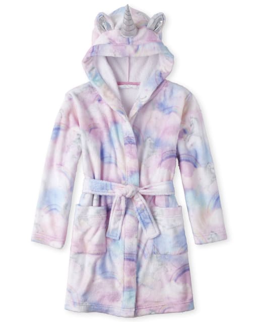 Girls Unicorn Cloud Print Fleece Hooded Robe