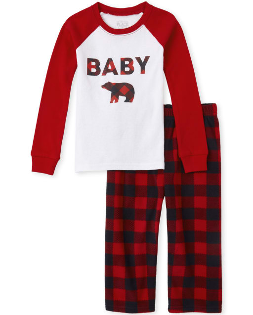 Unisex Baby And Toddler Matching Family Christmas Long Raglan Sleeve Buffalo Plaid Print Snug Fit Cotton Top And Fleece Pants Pajamas