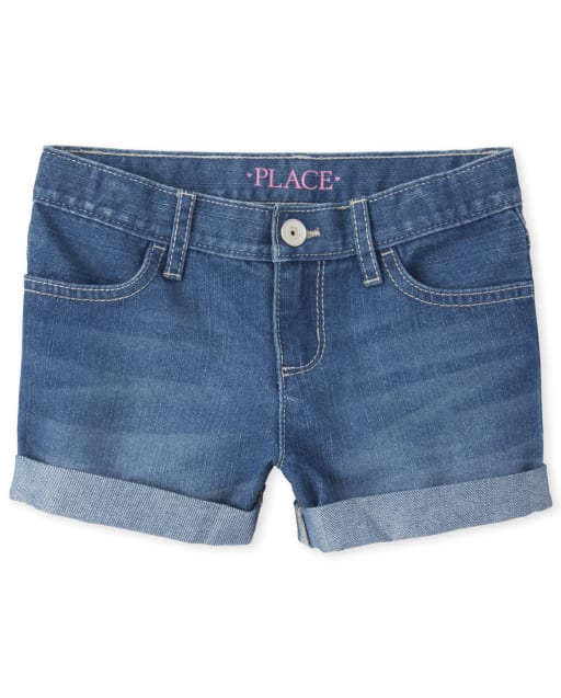 Shorts cortos de mezclilla con puños enrollados para niñas