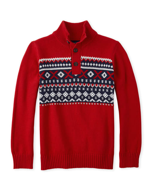 Boys Fair Isle Matching Button Neck Sweater