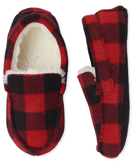 Unisex Kids Christmas Buffalo Plaid Faux Fur Lined Fleece Slippers