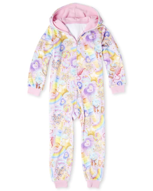Girls Long Sleeve Rainbow Dessert Print Cozy Fleece Hooded One