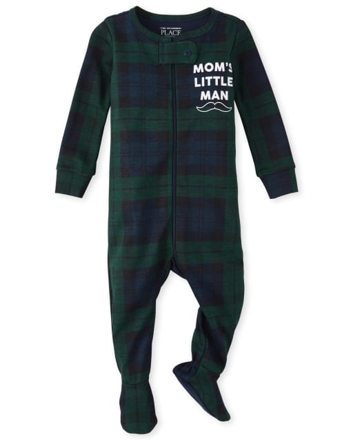 Pijamas de una pieza de algodón ajustados a cuadros de hombrecito de mamá para bebés y niños pequeños