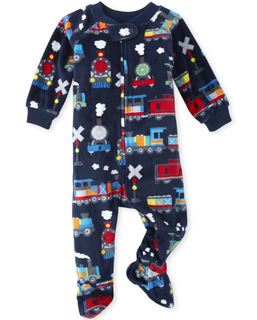 Baby And Toddler Boys Long Sleeve Train Print Velour Footed One
