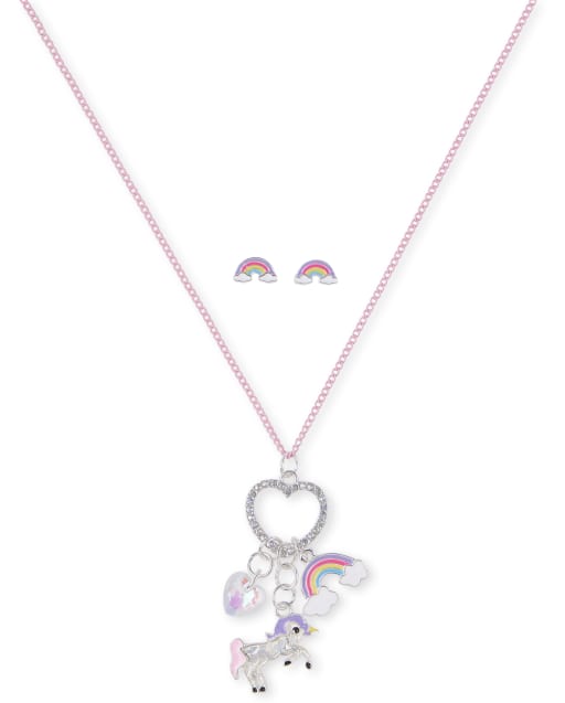 Girls Rhinestud Rainbow Unicorn Necklace And Earrings 2 Piece Set